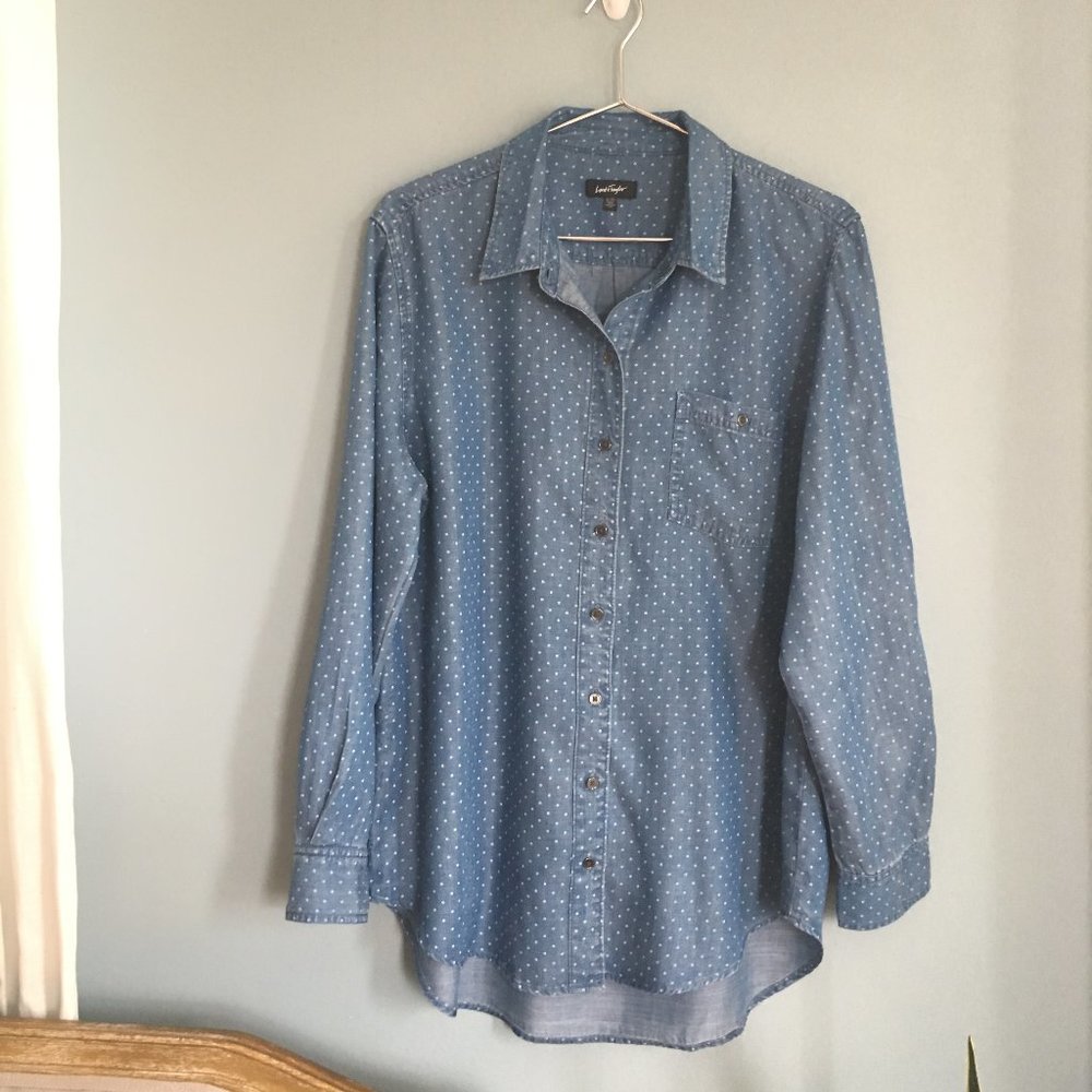 NWT Lord & Taylor Chambray white Polka Dot Top XL